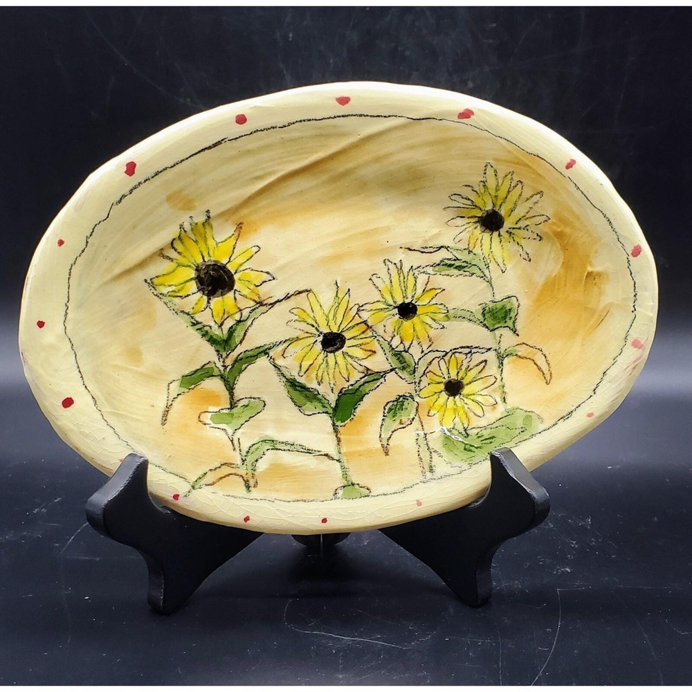 Handmade Terracotta Art Pottery‎ Yellow Trinket Dish Flower Daisy 8" Signed